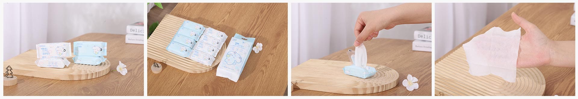 Travel wipes in light blue and white packs, with pull-out dispensing and an unfolded sheet