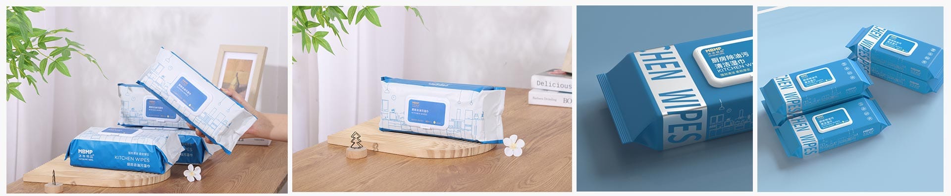 Kitchen grease removal wipes in white and blue flip-top packs, with stacked packs and lid details
