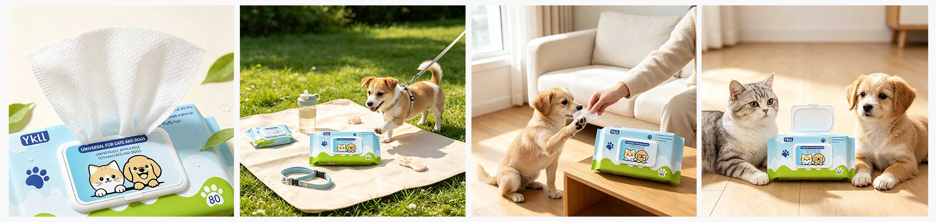 Pet cleaning wipes in blue and green flip-top packs with pet care and paw-cleaning scenes