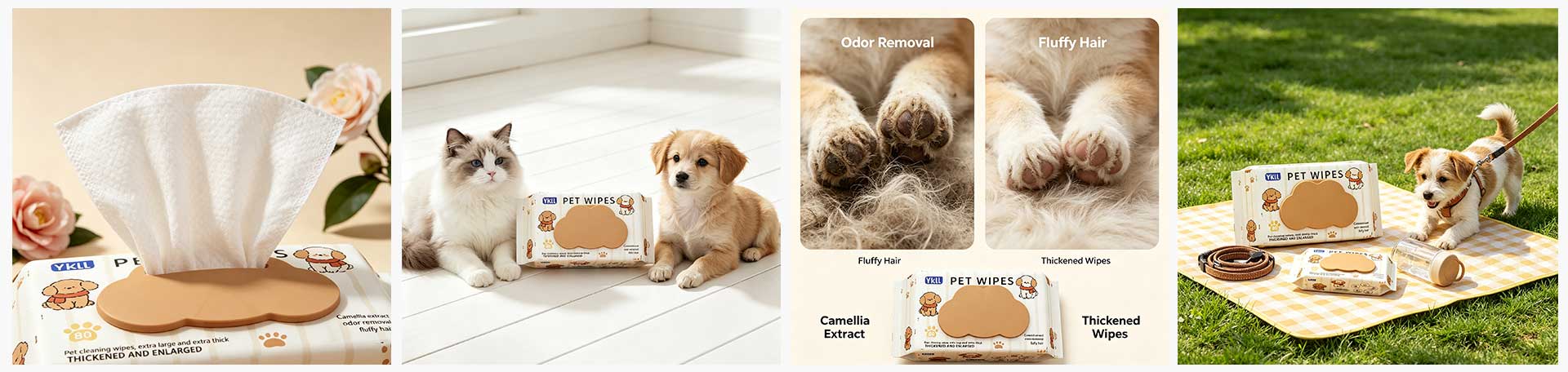 Pet wipes in cream packs with tan lids, cats, dogs and paw comparison images