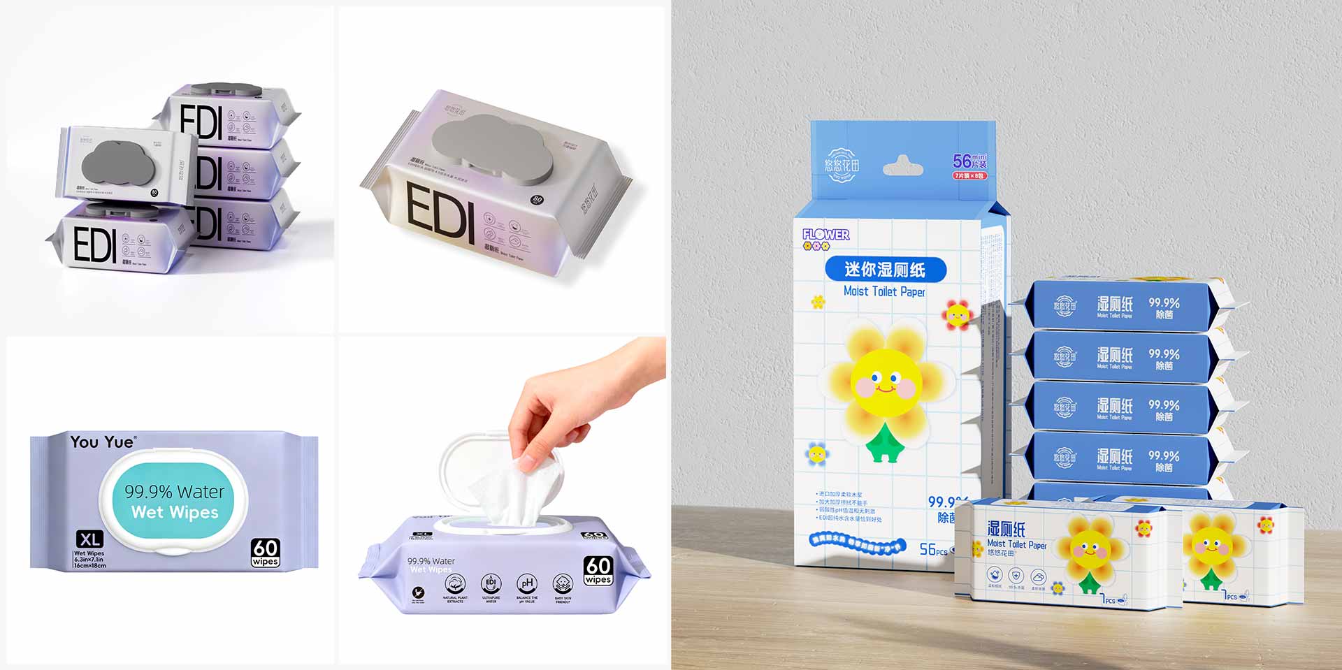 Purple flip-top wet wipes packs and blue-and-white toilet wipes multipacks