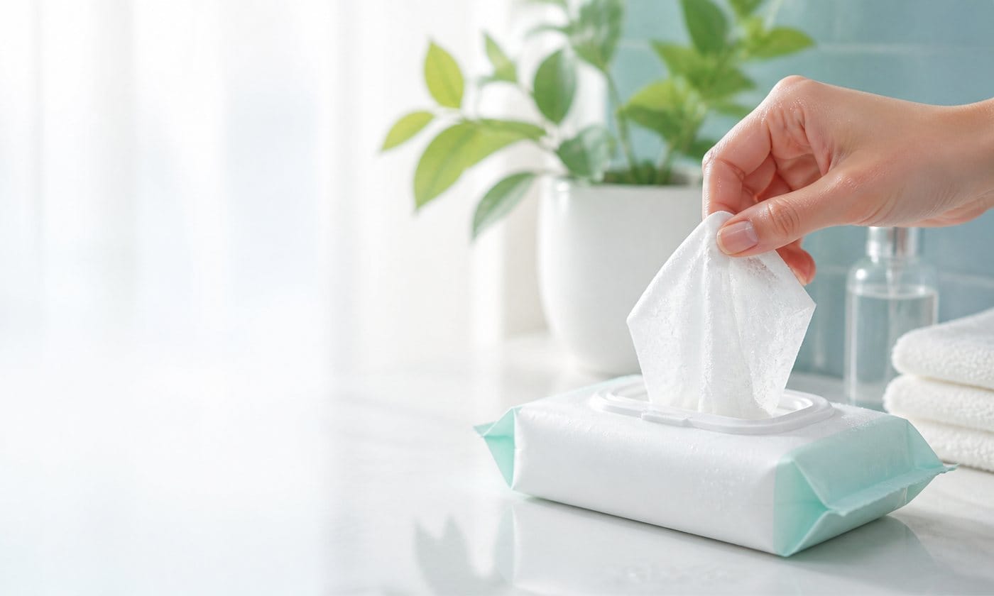 White wipe retrieved from a pale green pouch