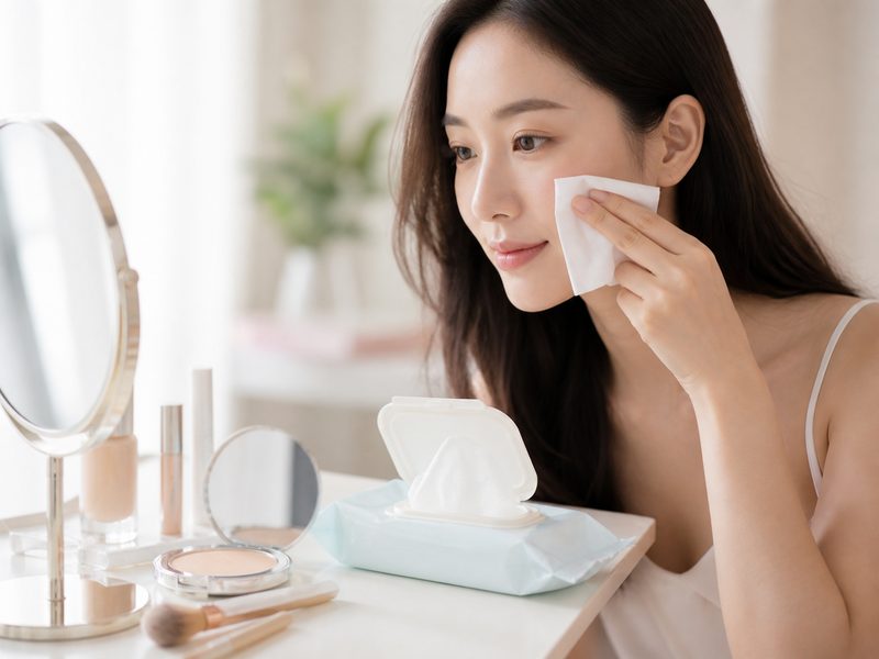 Makeup touch-ups with facial cleansing wipes