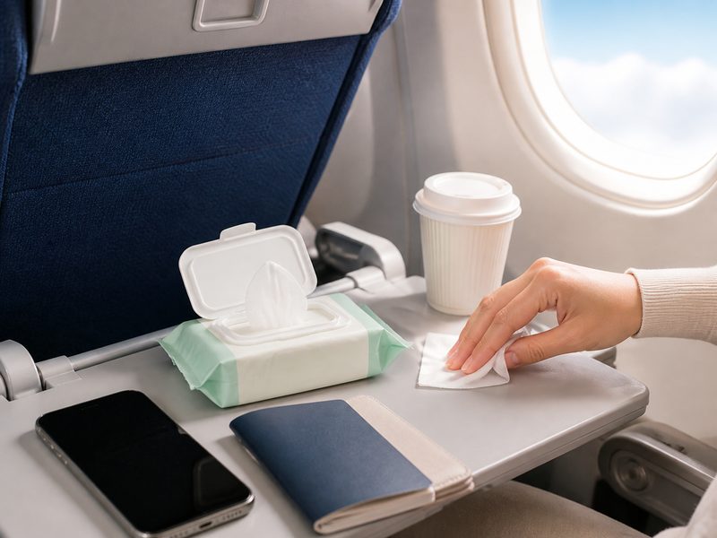 Flights & Commuting application scene for travel & outdoor wipes